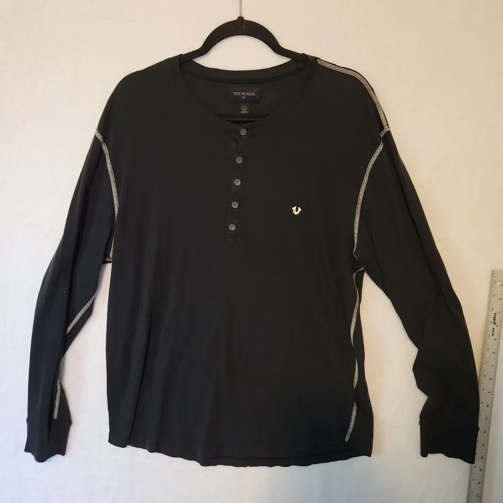 True Religion Pima Cotton Henley Shirt Mens XL Black Long Sleeve Contrast Stitch
